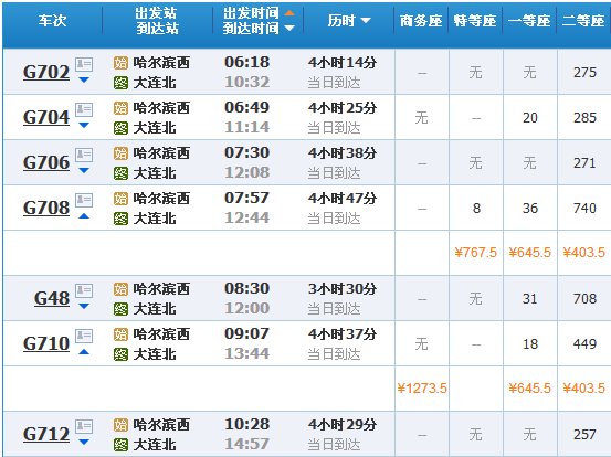哈尔滨到大连的火车时刻表