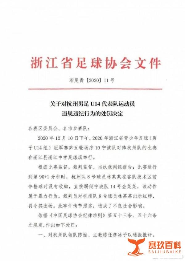 浙江足协公布对U14飞踹球员处罚决定:停赛一年