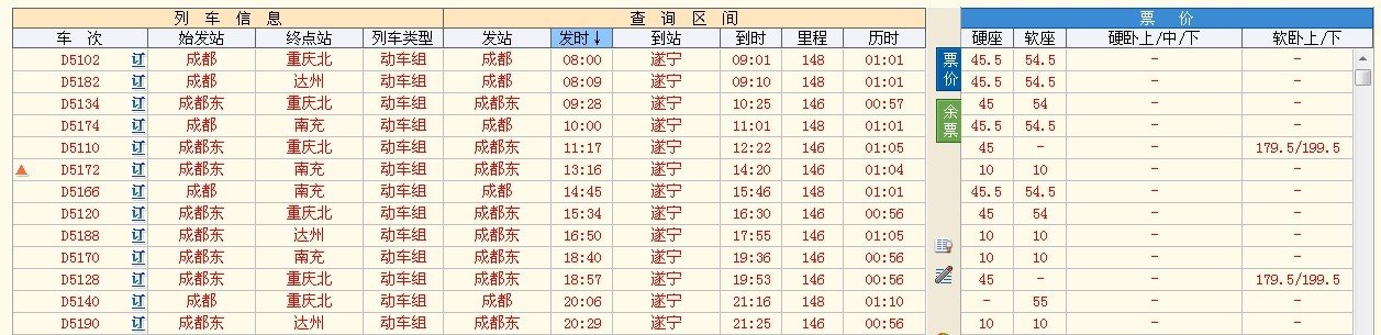 成都到遂宁的快铁是多少时间、票价是多少、每天有几次车？