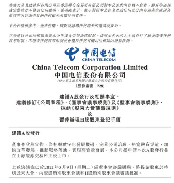 中国电信上市了,股价情况如何?